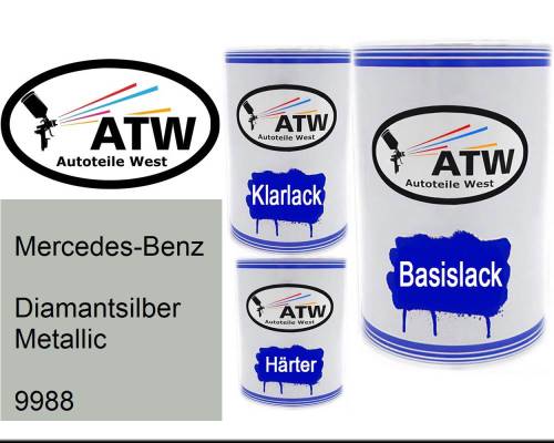 Mercedes-Benz, Diamantsilber Metallic, 9988: 500ml Lackdose + 500ml Klarlack + 250ml Härter - Set, von ATW Autoteile West.